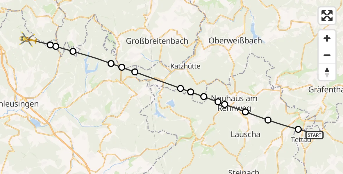 Flugroute Rettungshubschrauber Tettau - Schleusingen, 17 August 2026, 06:23