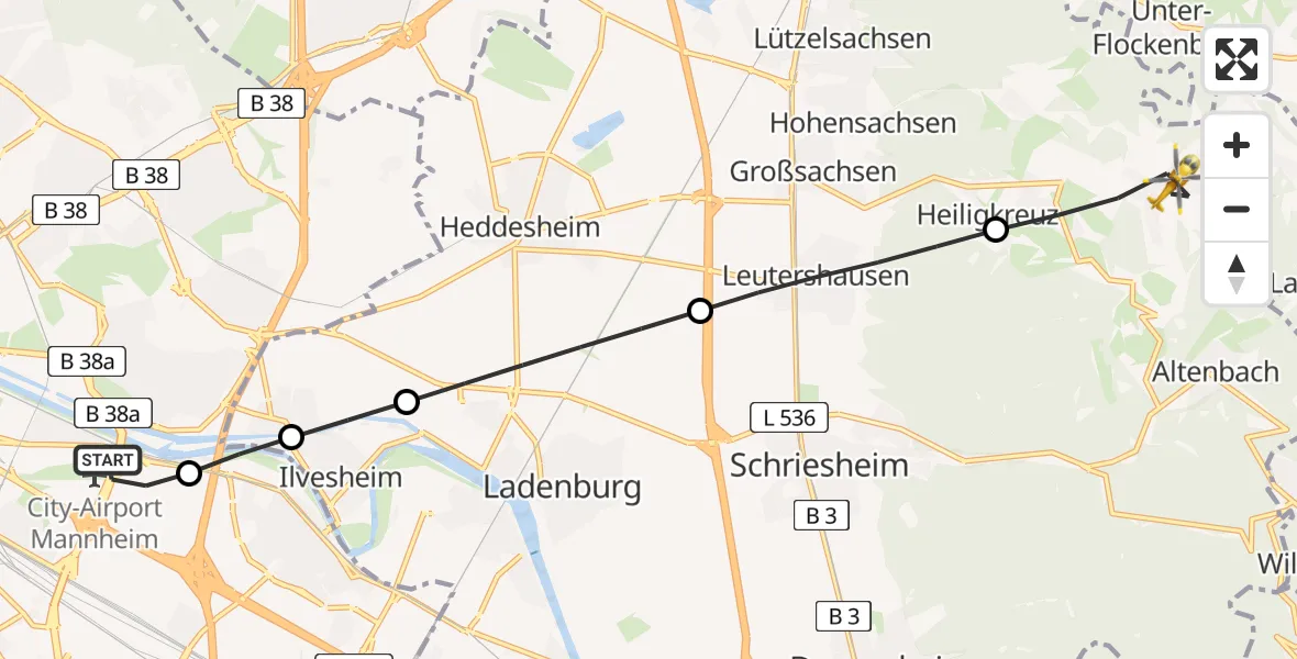 Flugroute Rettungshubschrauber Mannheim-City Flughafen - Weinheim, 17 August 2026, 06:26