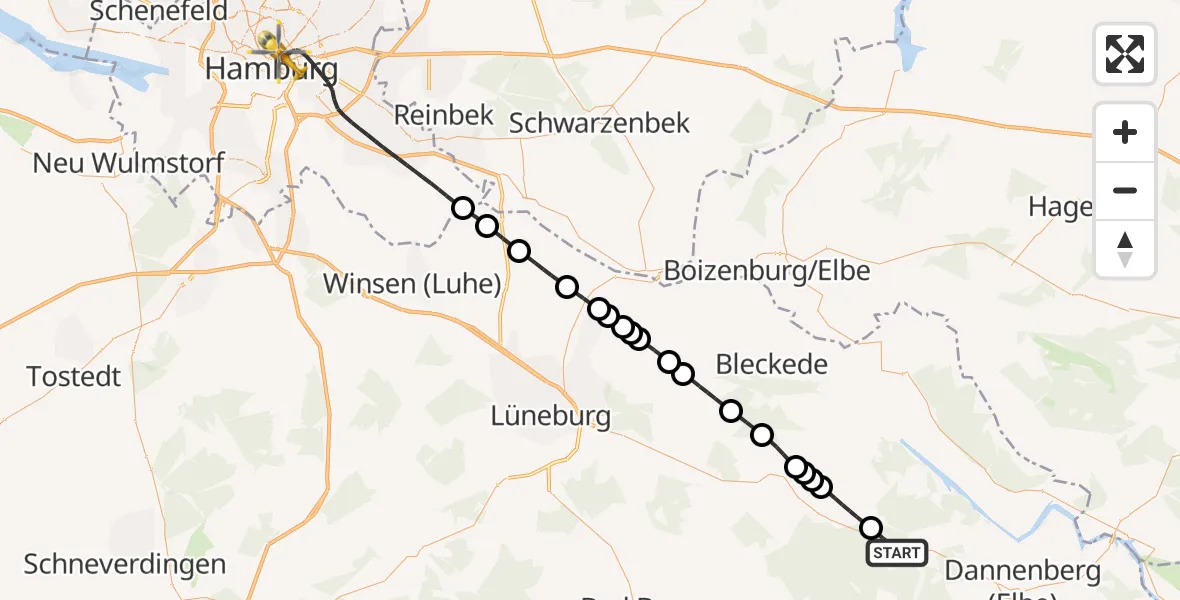 Flugroute Rettungshubschrauber Göhrde - Hamburg, 17 August 2026, 06:28
