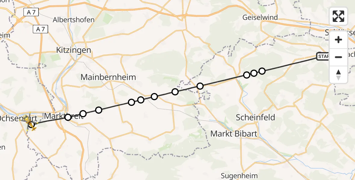 Flugroute Rettungshubschrauber Burghaslach - Ochsenfurt Hospital, 17 August 2026, 06:31