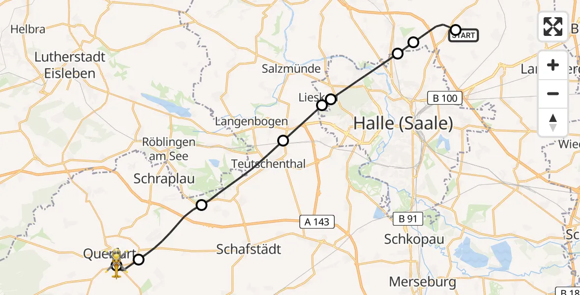 Flugroute Rettungshubschrauber Halle-Oppin Flugplatz - Carl von Basedow Saalekreis Hospital Querfurt, 17 August 2026, 06:37