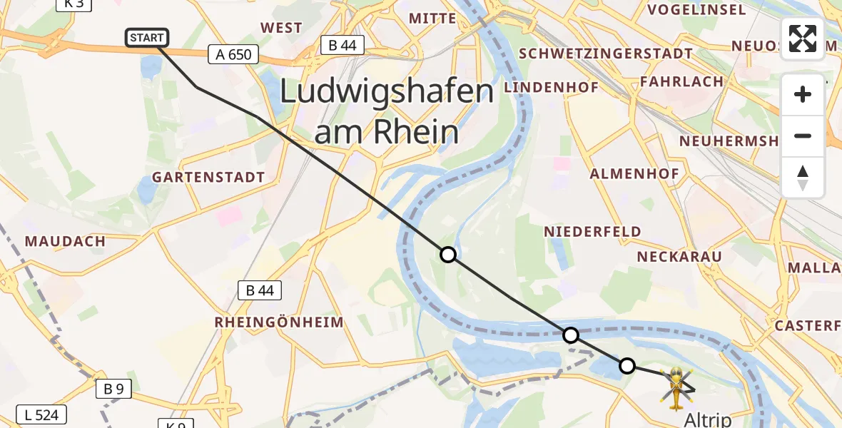 Flugroute Rettungshubschrauber Ludwigshafen am Rhein - Altrip, 17 August 2026, 06:38