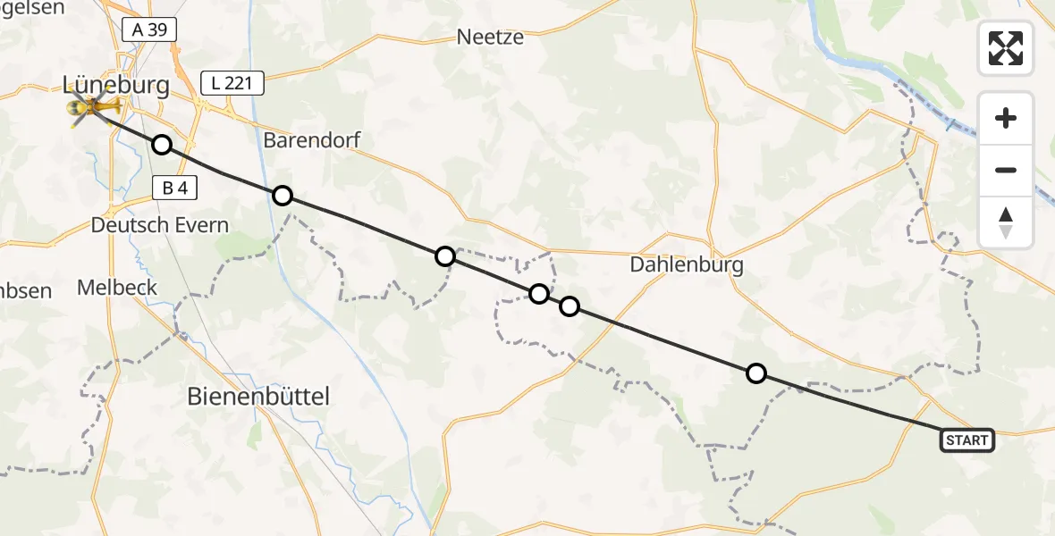 Flugroute Rettungshubschrauber Göhrde - Lüneburg, 17 August 2026, 06:45