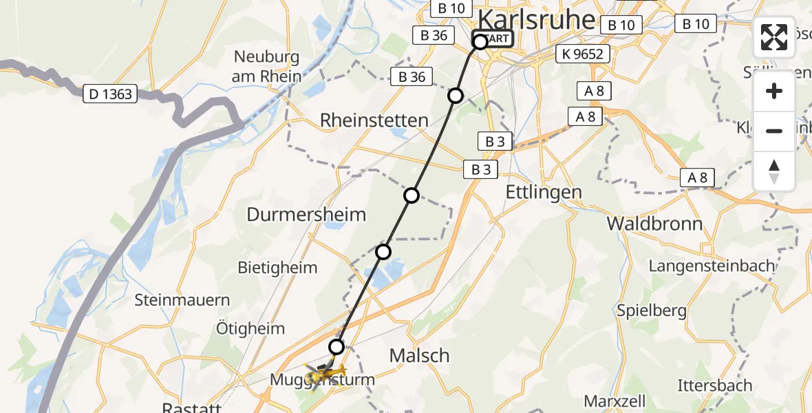 Flugroute Ambulanzhubschrauber Sankt Vincentius Hospital - Muggensturm, 17 August 2026, 06:46