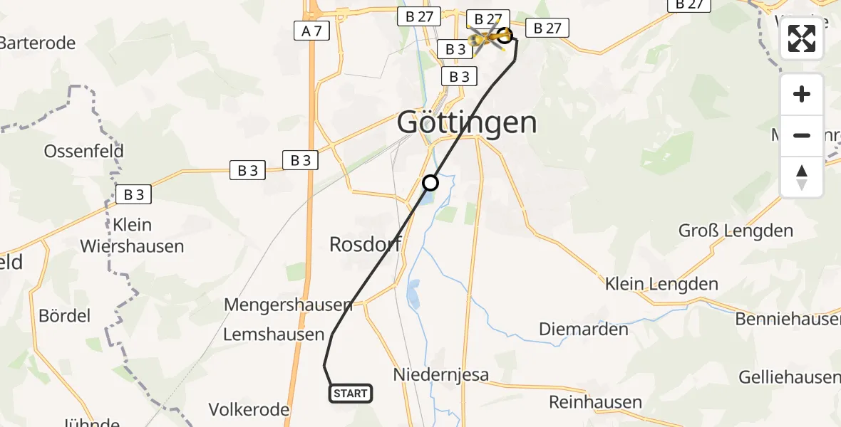 Flugroute Rettungshubschrauber Rosdorf - Göttingen University Clinic Hubschrauberlandeplatz, 17 August 2026, 06:52