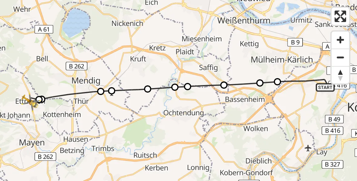 Flugroute Rettungshubschrauber Koblenz - Ettringen, 17 August 2026, 07:00