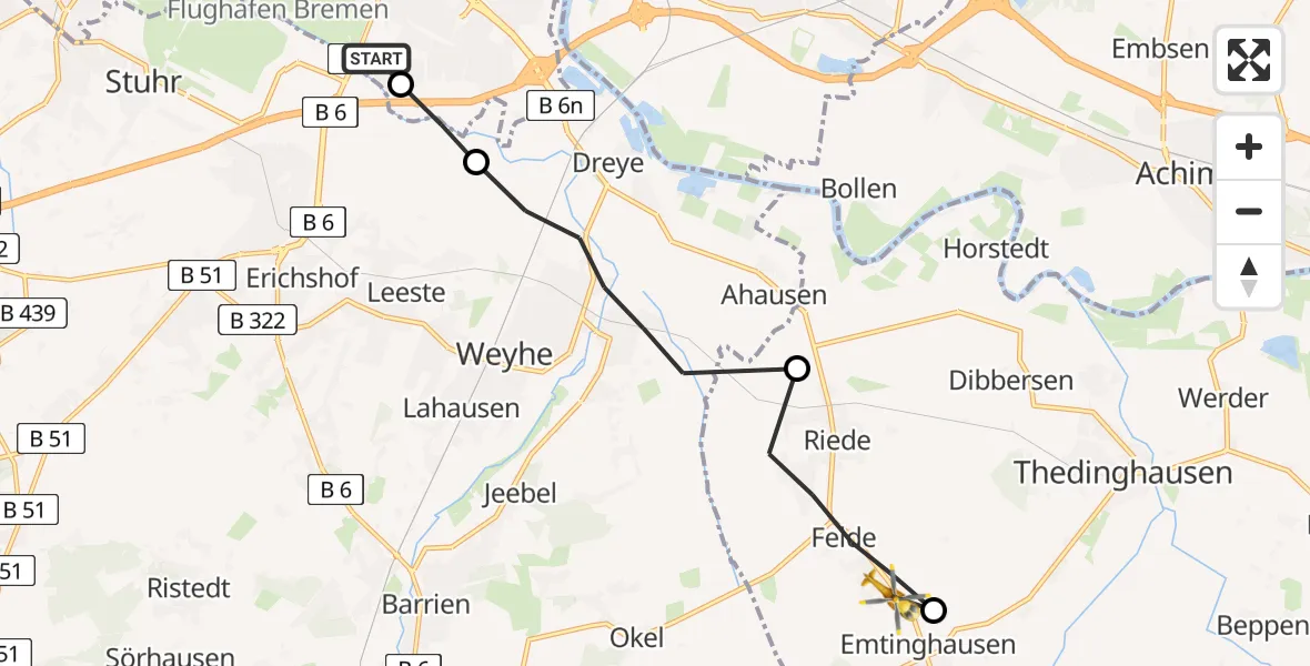 Flugroute Rettungshubschrauber ADAC Air Rescue Station Bremen Hubschrauberlandeplatz (Christoph 6) - Riede, 17 August 2026, 07:04