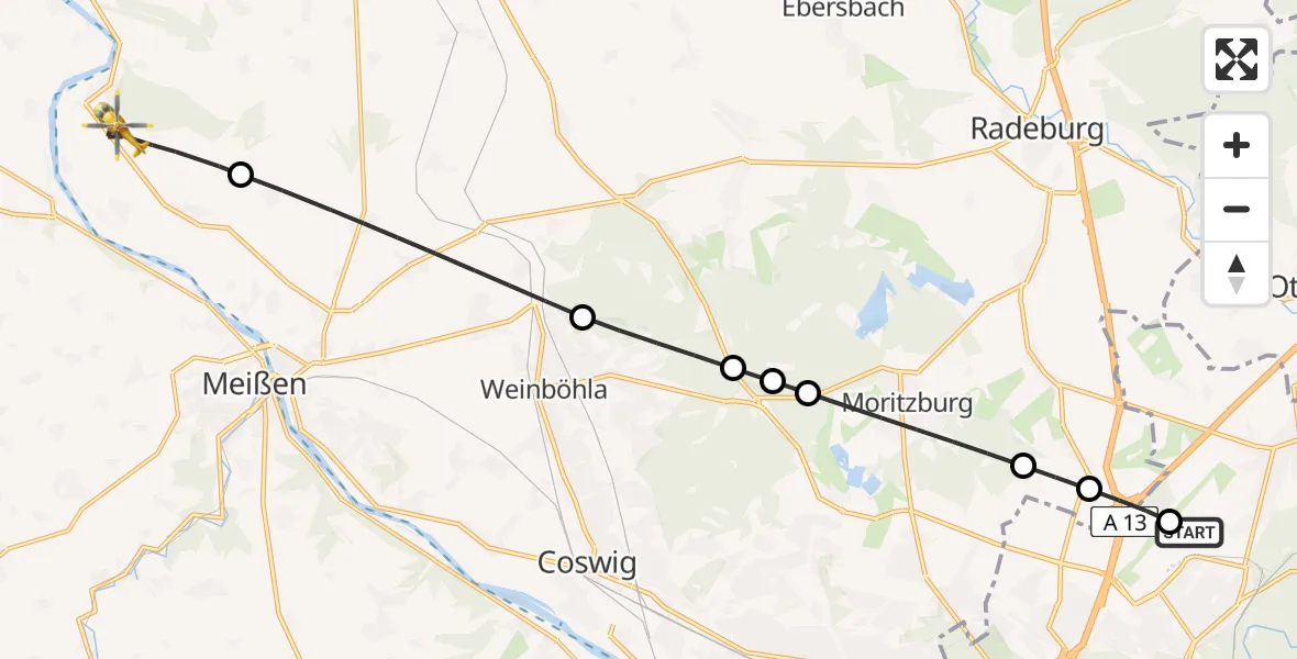 Flugroute Rettungshubschrauber Dresden Bundespolizei Hubschrauberlandeplatz - Diera-Zehren, 17 August 2026, 07:05