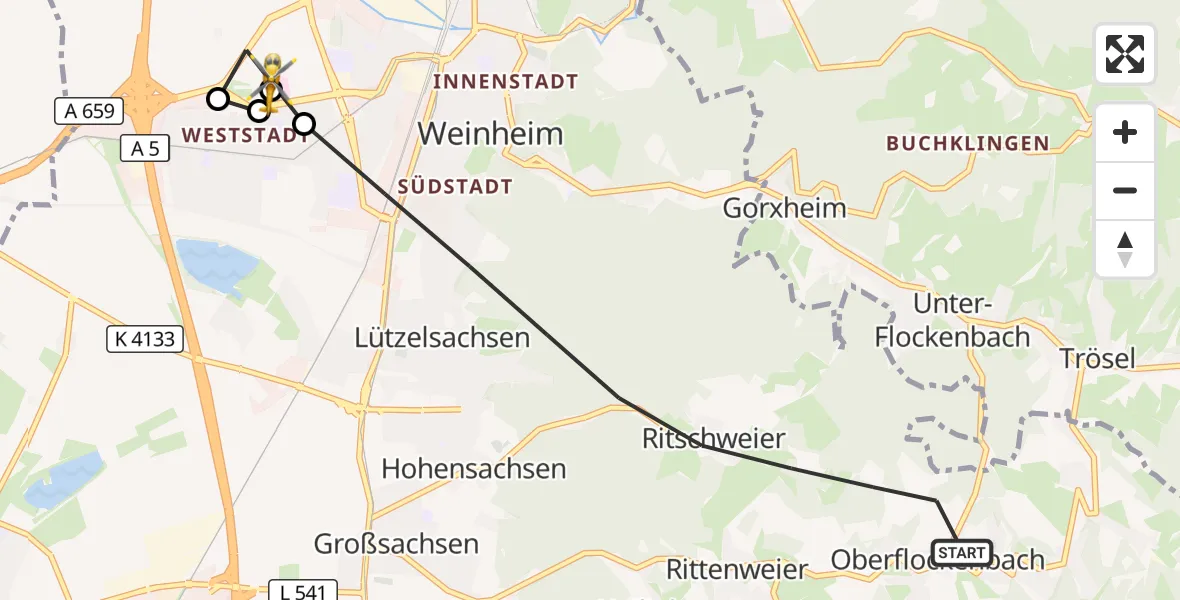 Flugroute Rettungshubschrauber Weinheim - Weinheim Hospital, 17 August 2026, 07:11