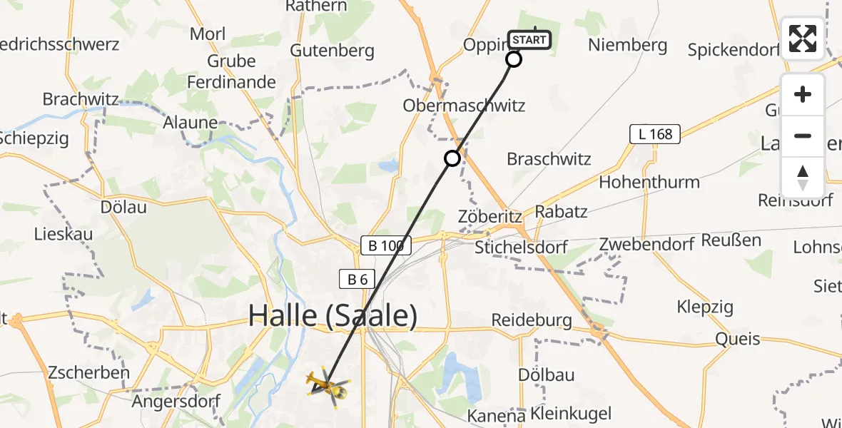 Flugroute Rettungshubschrauber Halle-Oppin Flugplatz - Halle (Saale), 17 August 2026, 07:13