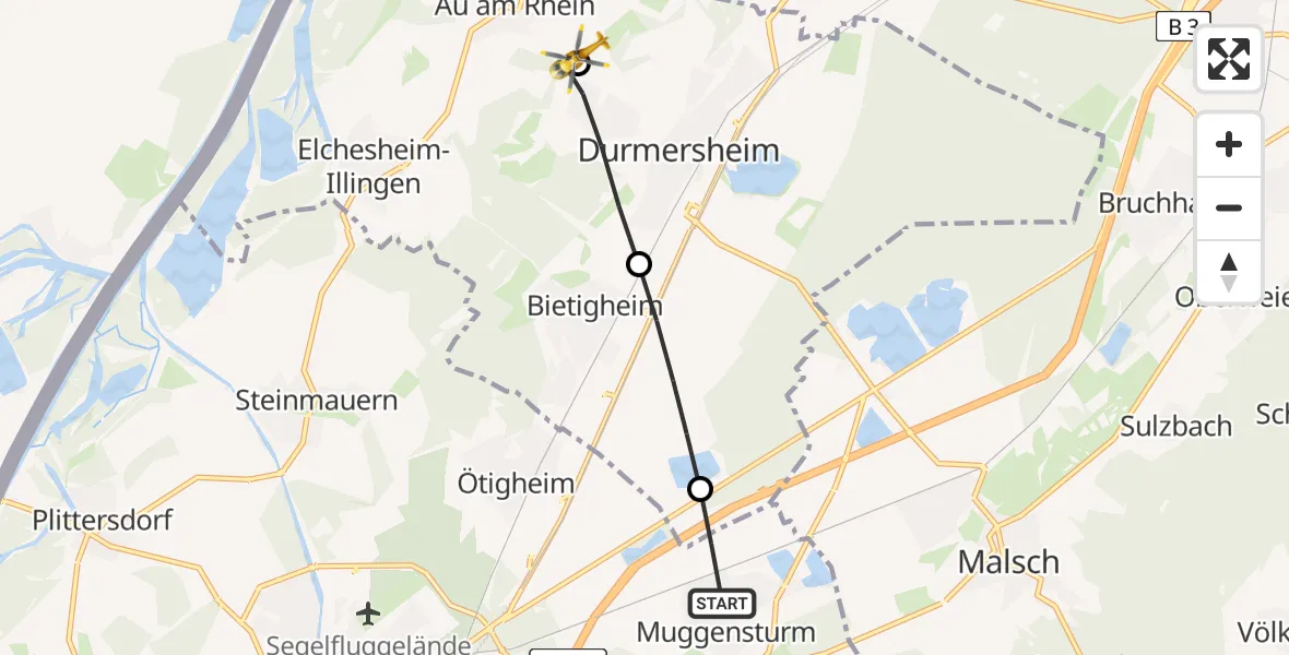 Flugroute Ambulanzhubschrauber Muggensturm - Au am Rhein, 17 August 2026, 07:20