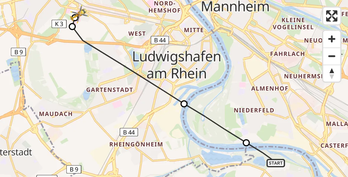Flugroute Rettungshubschrauber Altrip - Ludwigshafen Accident Hospital, 17 August 2026, 07:21