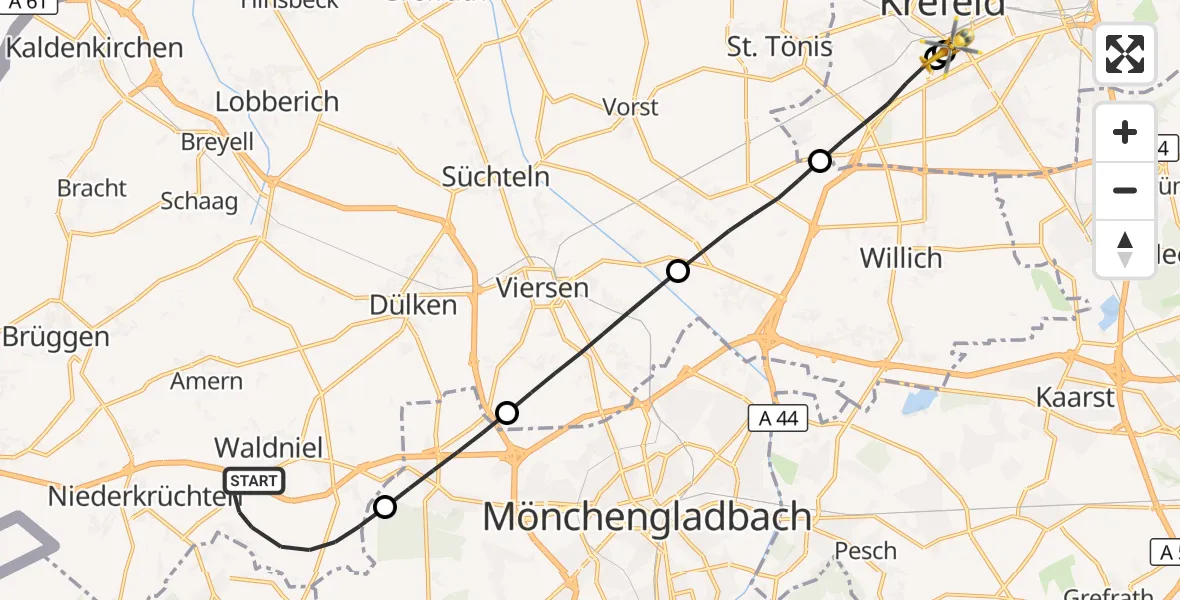 Flugroute Rettungshubschrauber Schwalmtal - Helios Clinic Krefeld, 17 August 2026, 07:23