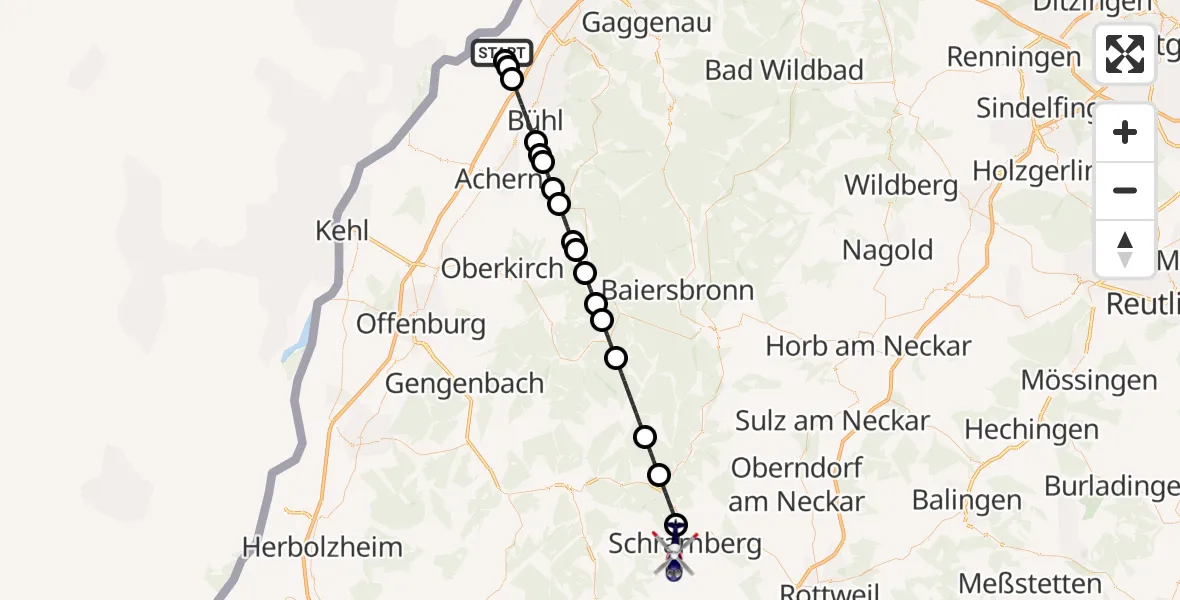 Flugroute Polizeihubschrauber Karlsruhe Baden-Baden Flughafen - Schramberg, 17 August 2026, 07:26