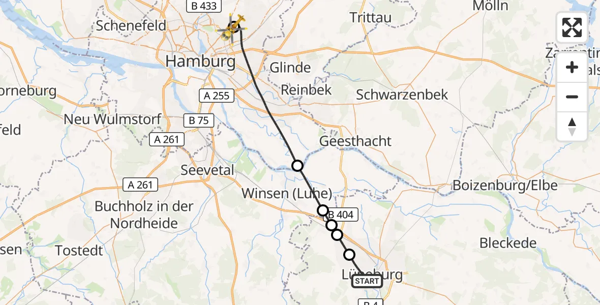 Flugroute Rettungshubschrauber Lüneburg - Hamburg Military Hospital, 17 August 2026, 07:30