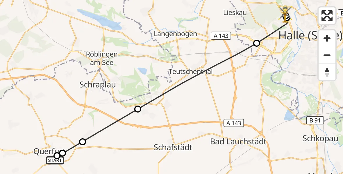 Flugroute Rettungshubschrauber Carl von Basedow Saalekreis Hospital Querfurt - Halle (Saale) University Hospital, 17 August 2026, 07:30