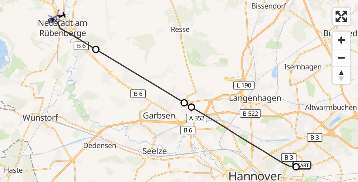 Flugroute Polizeihubschrauber Hannover Luftrettung Hubschrauberlandeplatz (Christoph 4) - Neustadt am Rübenberge, 17 August 2026, 07:32