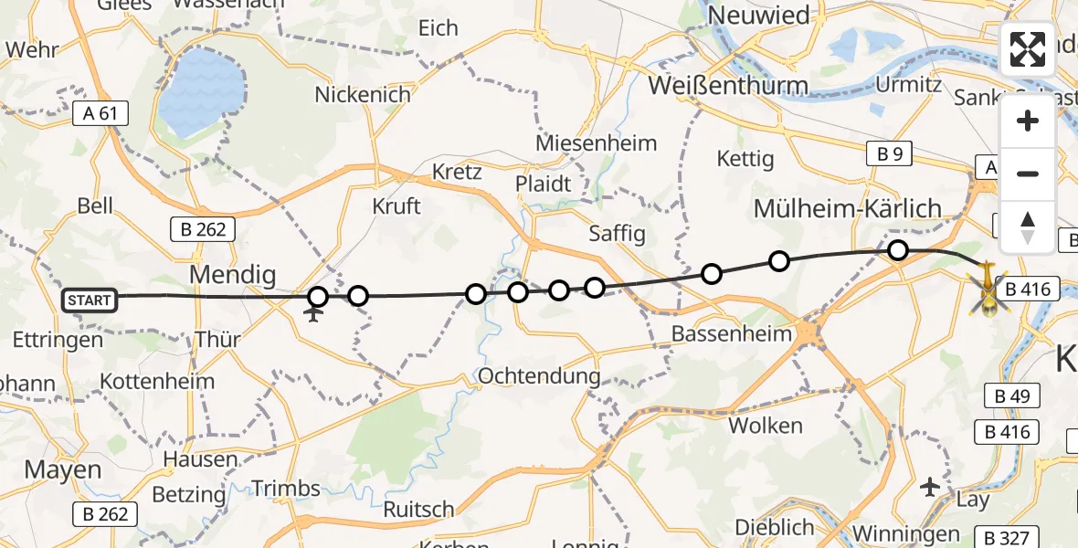 Flugroute Rettungshubschrauber Mendig - Koblenz, 17 August 2026, 07:36