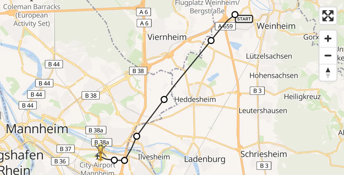 Flugroute Rettungshubschrauber Weinheim Hospital - Mannheim-City Flughafen, 17 August 2026, 07:40