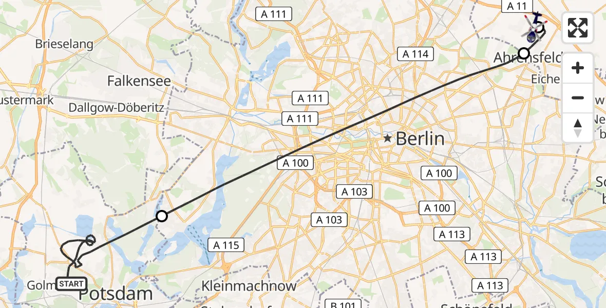Flugroute Polizeihubschrauber Potsdam - Ahrensfelde Hubschrauberlandeplatz, 17 August 2026, 07:44