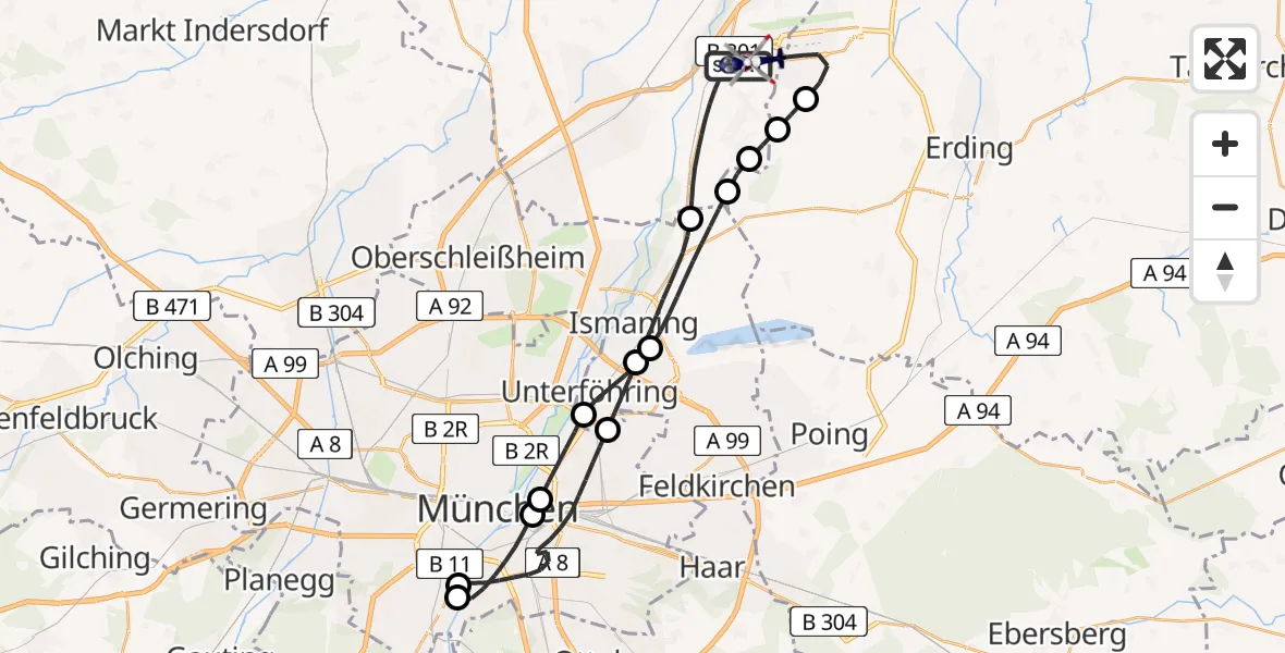 Flugroute Polizeihubschrauber Hallbergmoos - München Flughafen, 17 August 2026, 07:44