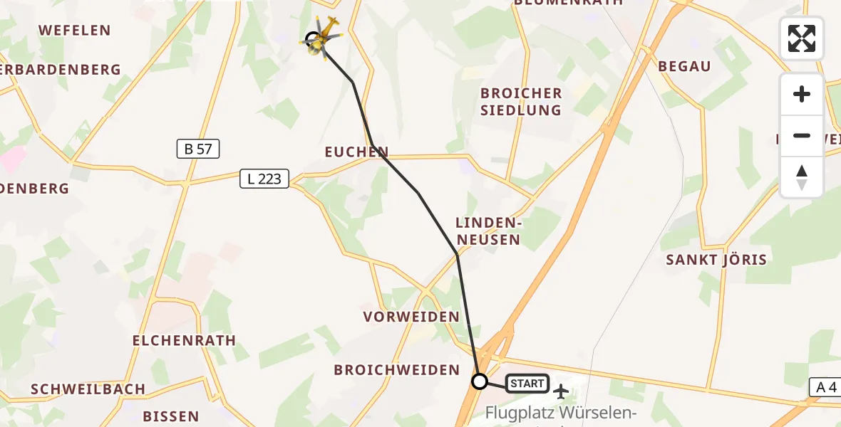 Flugroute Rettungshubschrauber Aachen-Merzbrück Flughafen - Alsdorf, 17 August 2026, 07:49