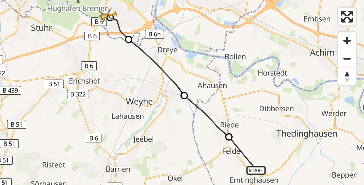 Flugroute Rettungshubschrauber Emtinghausen - ADAC Air Rescue Station Bremen Hubschrauberlandeplatz (Christoph 6), 17 August 2026, 07:49
