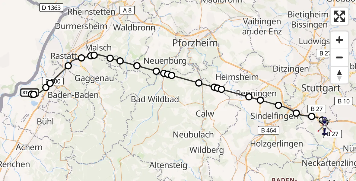 Flugroute Polizeihubschrauber Karlsruhe Baden-Baden Flughafen - Flughafen Stuttgart, 17 August 2026, 07:55
