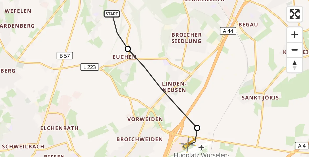 Flugroute Rettungshubschrauber Alsdorf - Aachen-Merzbrück Flughafen, 17 August 2026, 08:00
