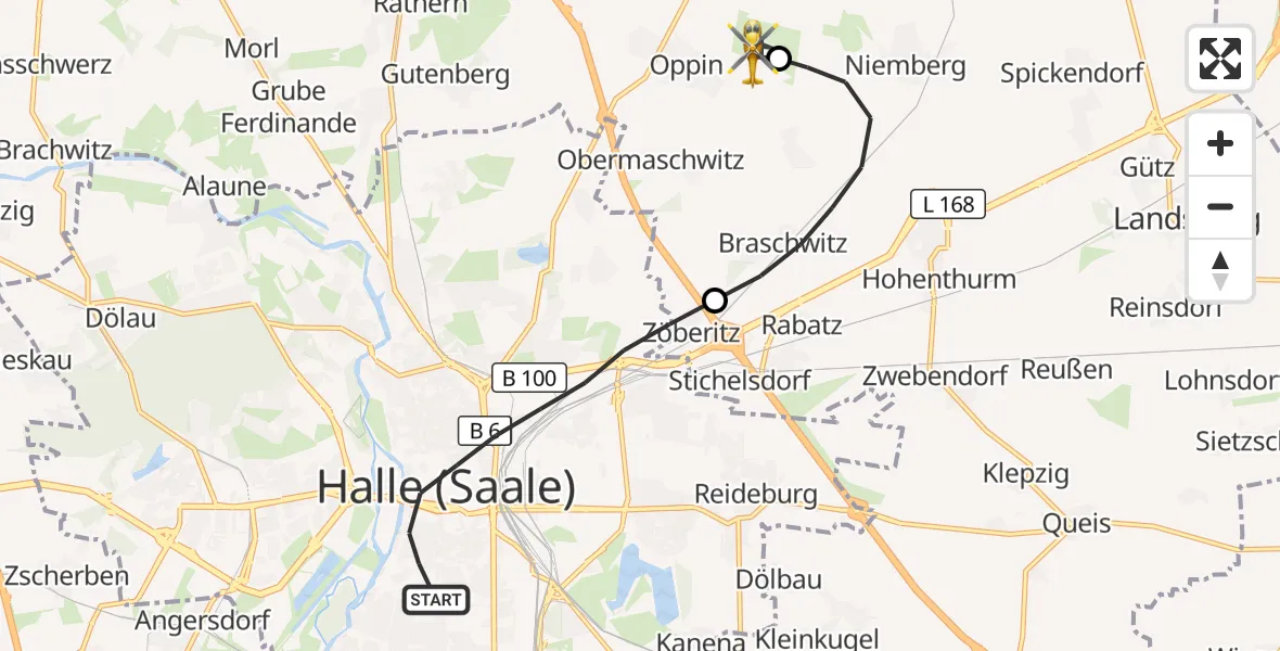 Flugroute Rettungshubschrauber Halle (Saale) - Halle-Oppin Flugplatz, 17 August 2026, 08:01