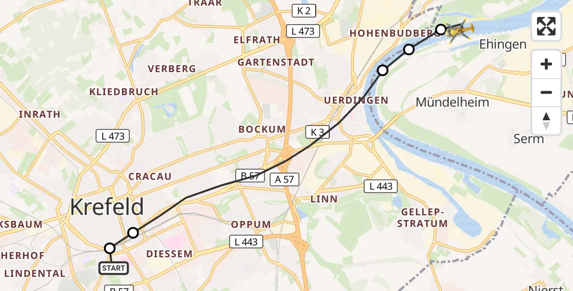 Flugroute Rettungshubschrauber Helios Clinic Krefeld - Duisburg, 17 August 2026, 08:03