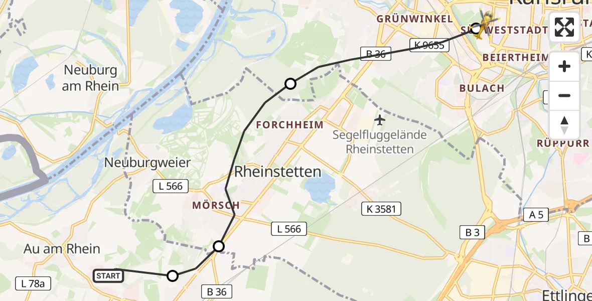 Flugroute Ambulanzhubschrauber Au am Rhein - Sankt Vincentius Hospital, 17 August 2026, 08:06