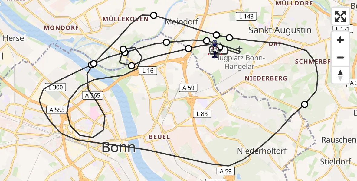 Flugroute Polizeihubschrauber Bonn-Hangelar Flugplatz - Sankt Augustin, 17 August 2026, 08:20