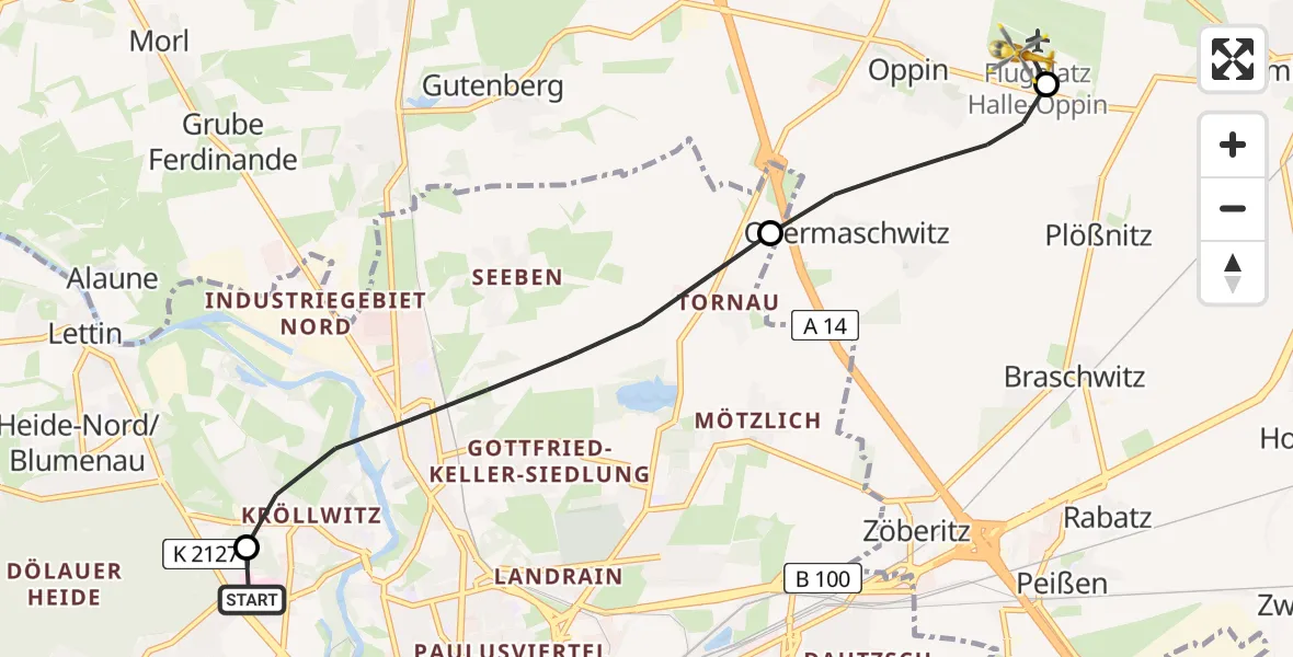 Flugroute Rettungshubschrauber Halle (Saale) University Hospital - Halle-Oppin Flugplatz, 17 August 2026, 08:23