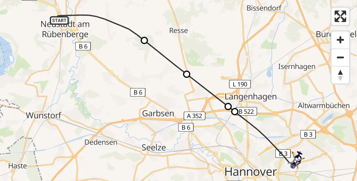 Flugroute Polizeihubschrauber Neustadt am Rübenberge - Hannover Luftrettung Hubschrauberlandeplatz (Christoph 4), 17 August 2026, 08:24