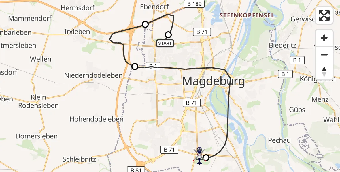Flugroute Polizeihubschrauber Magdeburg Hospital - Magdeburg City Flugplatz, 17 August 2026, 08:34