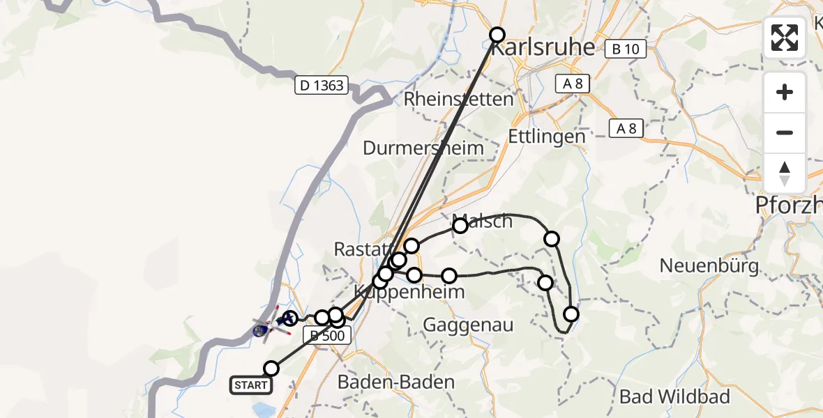 Flugroute Polizeihubschrauber Rheinmünster - Hügelsheim, 17 August 2026, 08:37