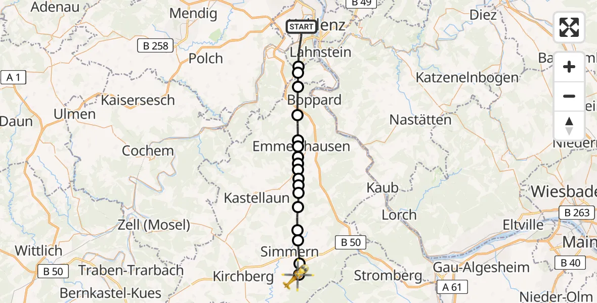 Flugroute Rettungshubschrauber Koblenz - Tiefenbach, 17 August 2026, 08:38