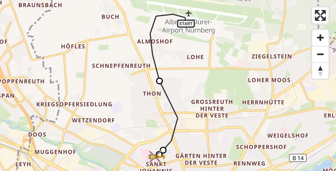 Flugroute Rettungshubschrauber Flughafen Nuremberg - Nürnberg North Hospital, 17 August 2026, 08:43