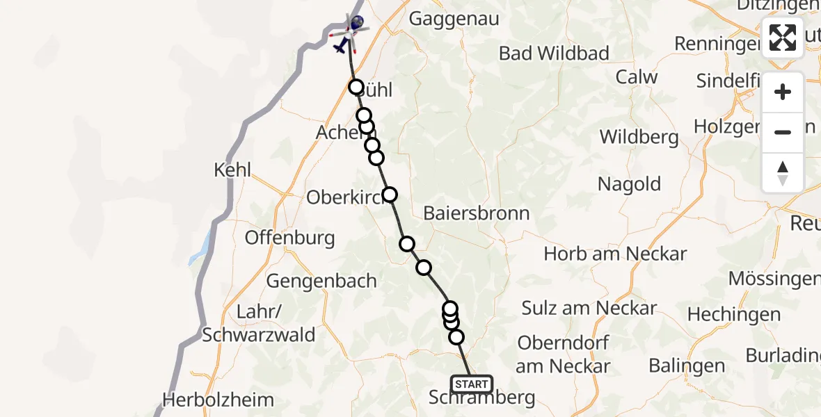 Flugroute Polizeihubschrauber Schiltach - Karlsruhe Baden-Baden Flughafen, 17 August 2026, 08:43