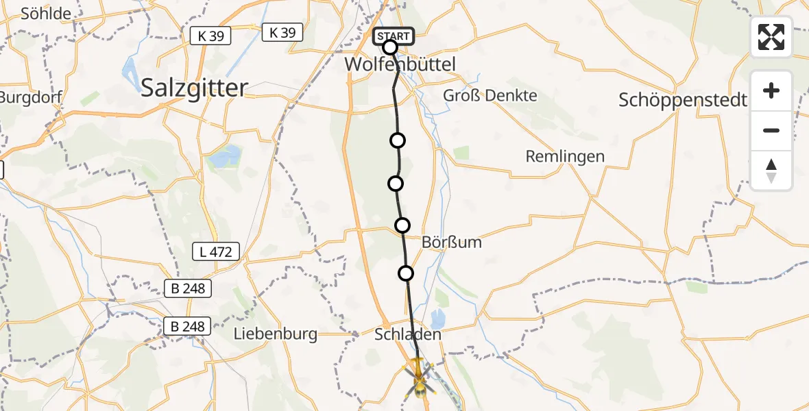 Flugroute Rettungshubschrauber Wolfenbüttel Municipal Hospital Heliport (Christoph 30) - Schladen-Werla, 17 August 2026, 08:45