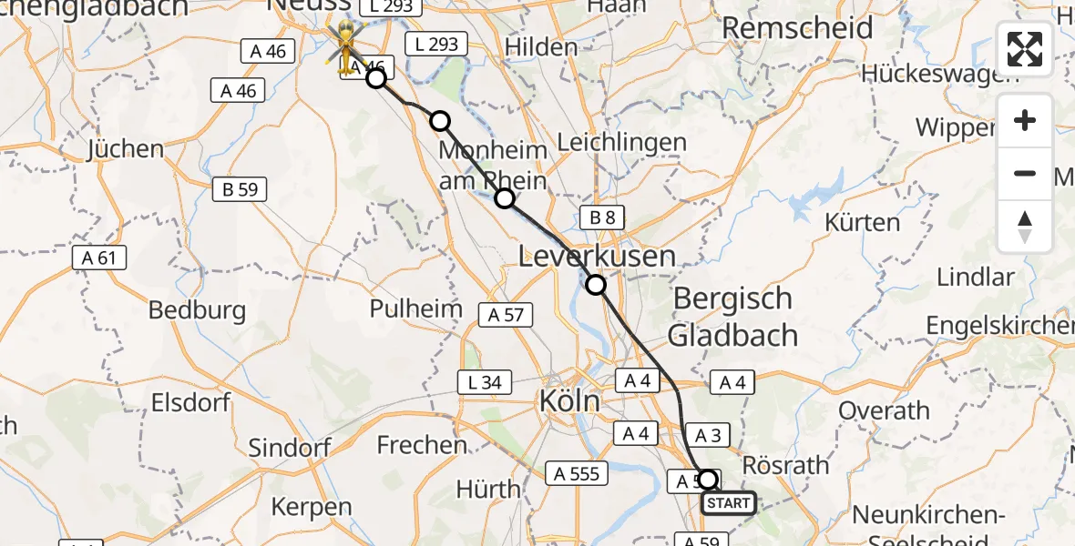 Flugroute Rettungshubschrauber Köln Bonn Flughafen - Neuss, 17 August 2026, 08:48
