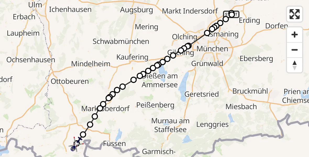 Flugroute Polizeihubschrauber Hallbergmoos - Rettenberg, 17 August 2026, 08:50