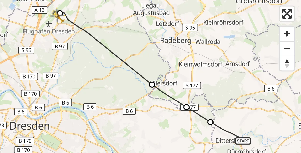Flugroute Rettungshubschrauber Dürrröhrsdorf-Dittersbach - Dresden Bundespolizei Hubschrauberlandeplatz, 17 August 2026, 08:54