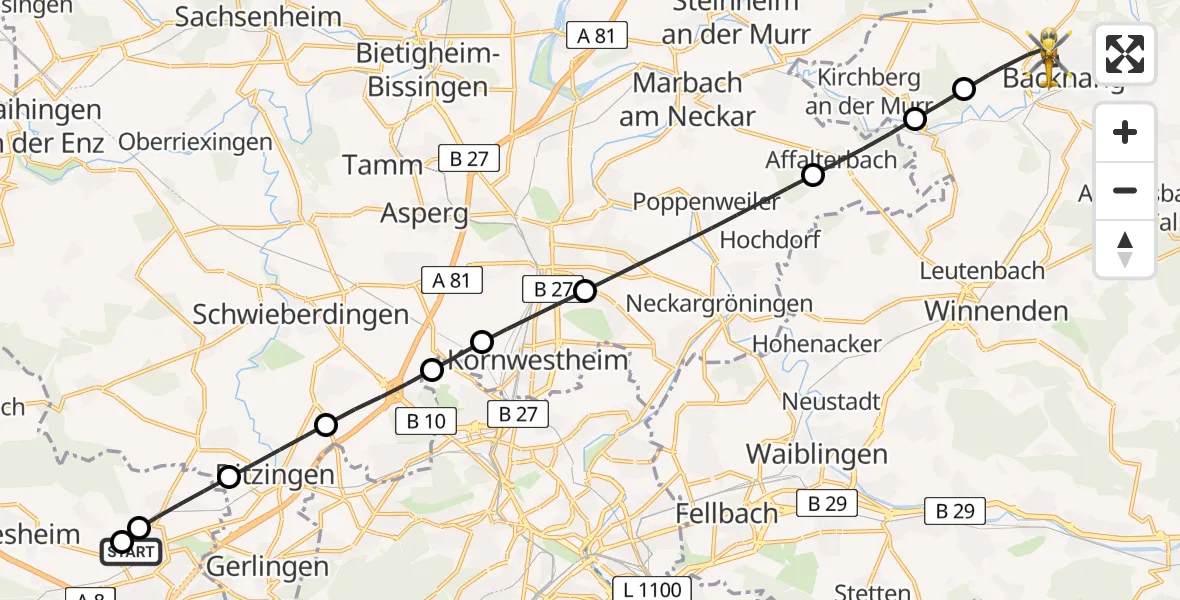 Flugroute Rettungshubschrauber Leonberg Hospital - Backnang, 17 August 2026, 09:08