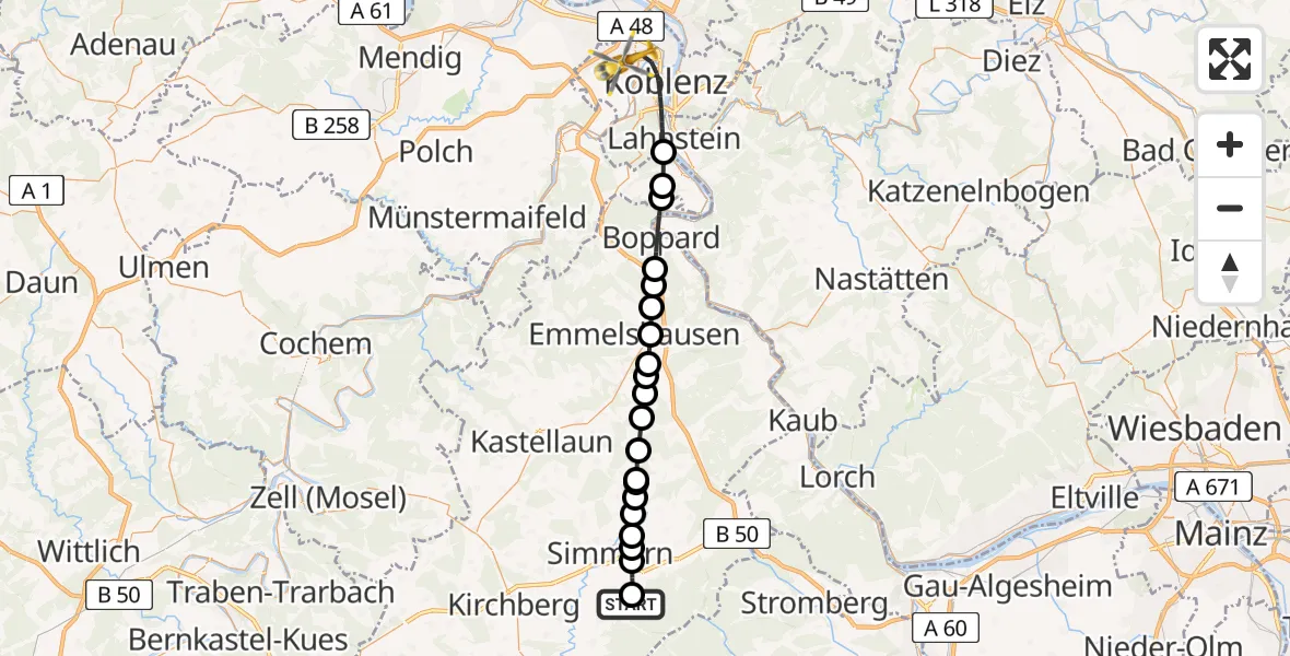 Flugroute Rettungshubschrauber Tiefenbach - Koblenz, 17 August 2026, 09:10