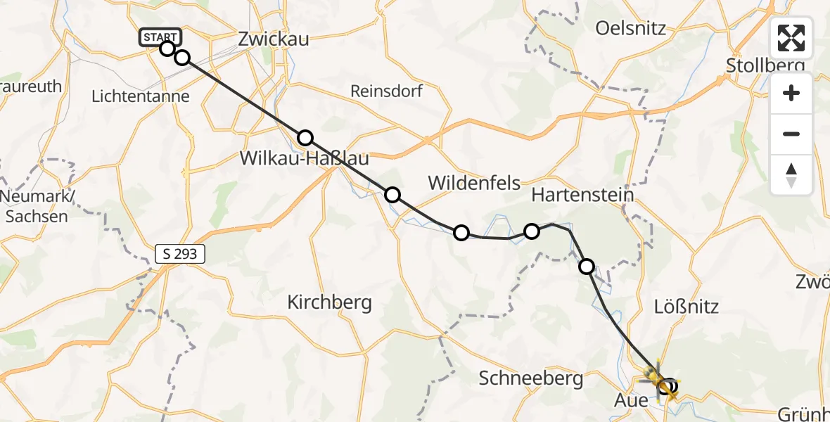 Flugroute Rettungshubschrauber ADAC Air Rescue Station Zwickau Hubschrauberlandeplatz - Helios Clinic Aue, 17 August 2026, 09:14