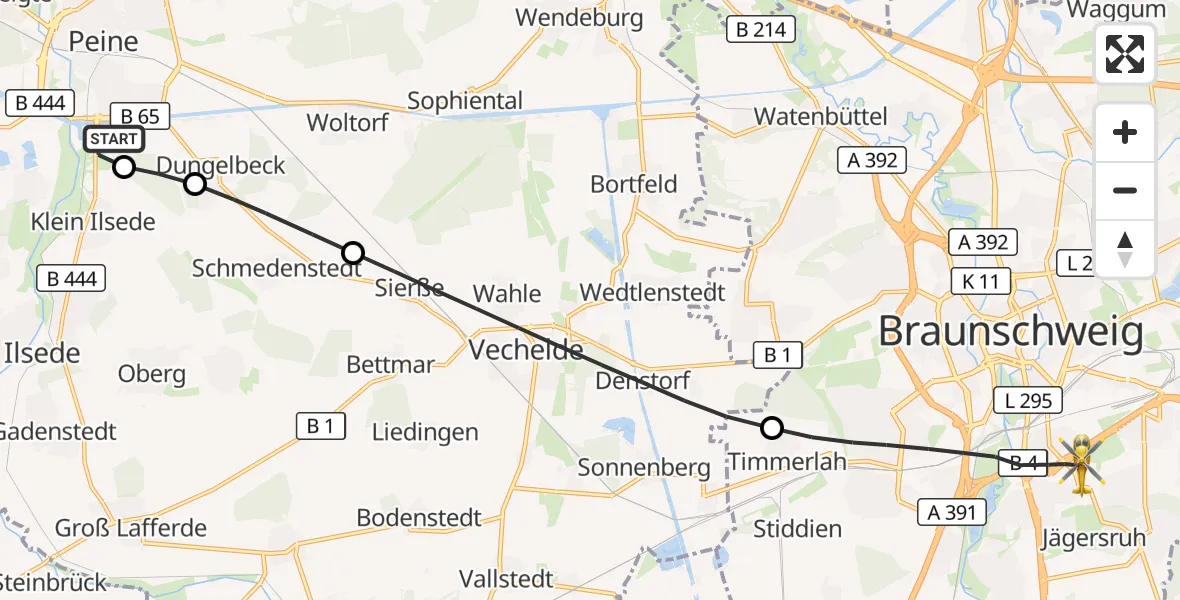 Flugroute Rettungshubschrauber Peine - Braunschweig, 17 August 2026, 09:20