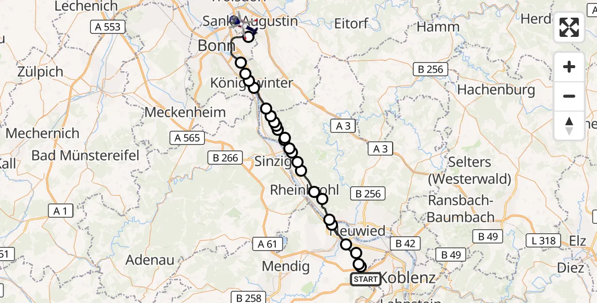 Flugroute Polizeihubschrauber Bassenheim - Sankt Augustin, 17 August 2026, 09:23