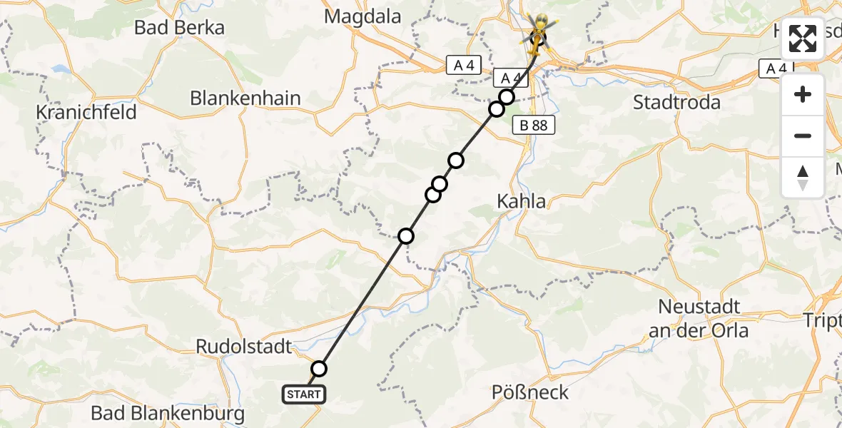 Flugroute Rettungshubschrauber Unterwellenborn - Lobeda Hubschrauberlandeplatz, 17 August 2026, 09:27
